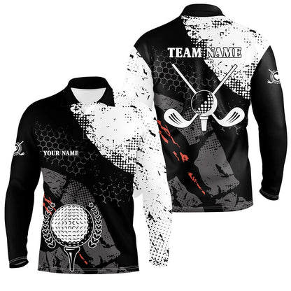Golf Polo Shirts, Black And White Retro Mens Golf Polo Shirts Custom Golf Clubs Team Golf Jerseys, Golf Attire For Men, Custom Golf Shirts