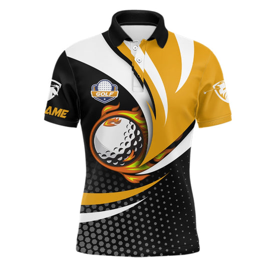 Golf Polo Shirts, Black And Yellow Mens Golf Polo Shirts Custom Golf Ball Fire Golf Attire For Men, Best Golf Gifts, Custom Golf Shirts