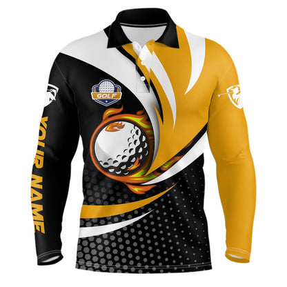 Golf Polo Shirts, Black And Yellow Mens Golf Polo Shirts Custom Golf Ball Fire Golf Attire For Men, Best Golf Gifts, Custom Golf Shirts