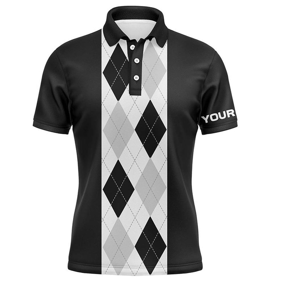 Golf Polo Shirts, Black Argyle Plaid Pattern Mens Golf Polo Shirt Custom Golf Polos Shirt For Men, Custom Golf Shirts