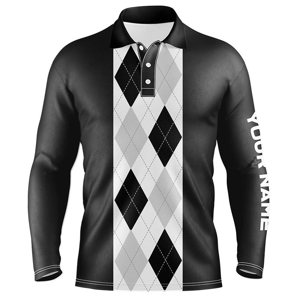 Golf Polo Shirts, Black Argyle Plaid Pattern Mens Golf Polo Shirt Custom Golf Polos Shirt For Men, Custom Golf Shirts