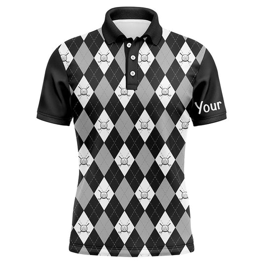 Golf Polo Shirts, Black Argyle Plaid Pattern Mens Golf Polo Shirts Custom Golf Attire For Men, Men'S Golf Apparel, Custom Golf Shirts