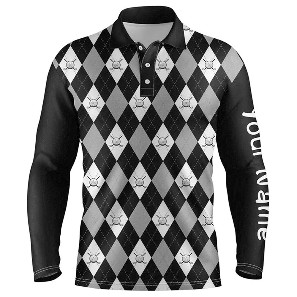 Golf Polo Shirts, Black Argyle Plaid Pattern Mens Golf Polo Shirts Custom Golf Attire For Men, Men'S Golf Apparel, Custom Golf Shirts