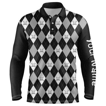 Golf Polo Shirts, Black Argyle Plaid Pattern Mens Golf Polo Shirts Custom Golf Attire For Men, Men'S Golf Apparel, Custom Golf Shirts