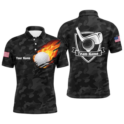 Golf Polo Shirts, Black Camo Fire Golf Ball Flame Mens Golf Polo Shirts Custom American Flag Golf Shirts For Men, Custom Golf Shirts