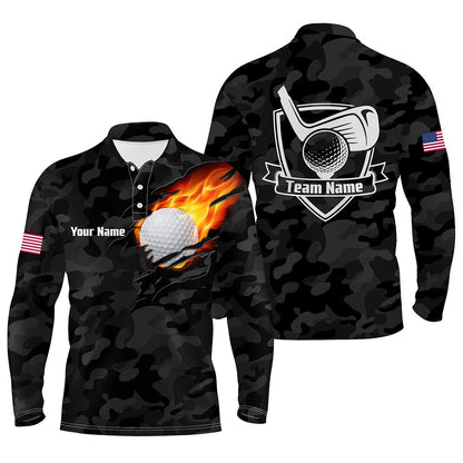 Golf Polo Shirts, Black Camo Fire Golf Ball Flame Mens Golf Polo Shirts Custom American Flag Golf Shirts For Men, Custom Golf Shirts