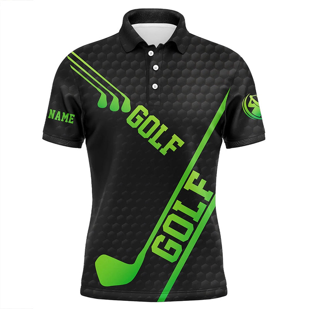 Golf Polo Shirts, Black Golf Ball Pattern Mens Golf Polo Shirts Custom Green Golf Clubs, Cool Golf Gifts, Custom Golf Shirts