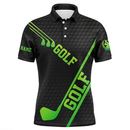 Golf Polo Shirts, Black Golf Ball Pattern Mens Golf Polo Shirts Custom Green Golf Clubs, Cool Golf Gifts, Custom Golf Shirts