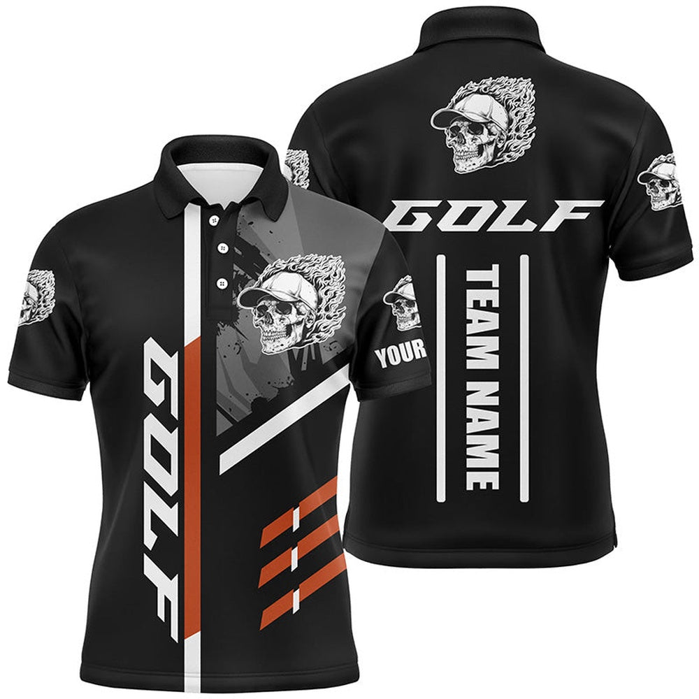 Golf Polo Shirts, Black Golf Skull Mens Golf Polo Shirt Custom Golf Attire For Men For Team Golfer, Custom Golf Shirts