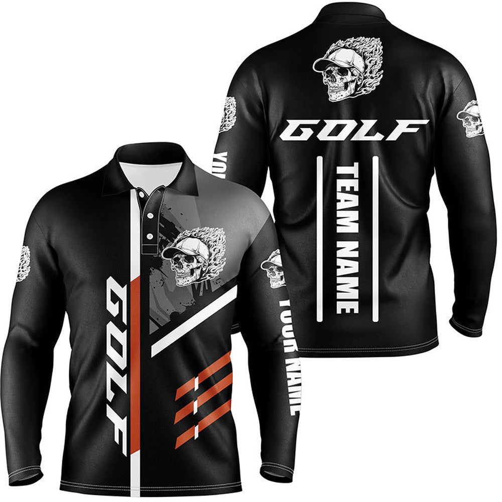 Golf Polo Shirts, Black Golf Skull Mens Golf Polo Shirt Custom Golf Attire For Men For Team Golfer, Custom Golf Shirts