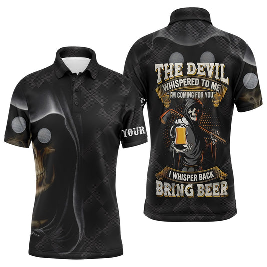 Golf Polo Shirts, Black Golf Skull Reaper Men Golf Polo Shirts Custom Name The Devil Whispered To Me, Golf Beer Shirt, Custom Golf Shirts