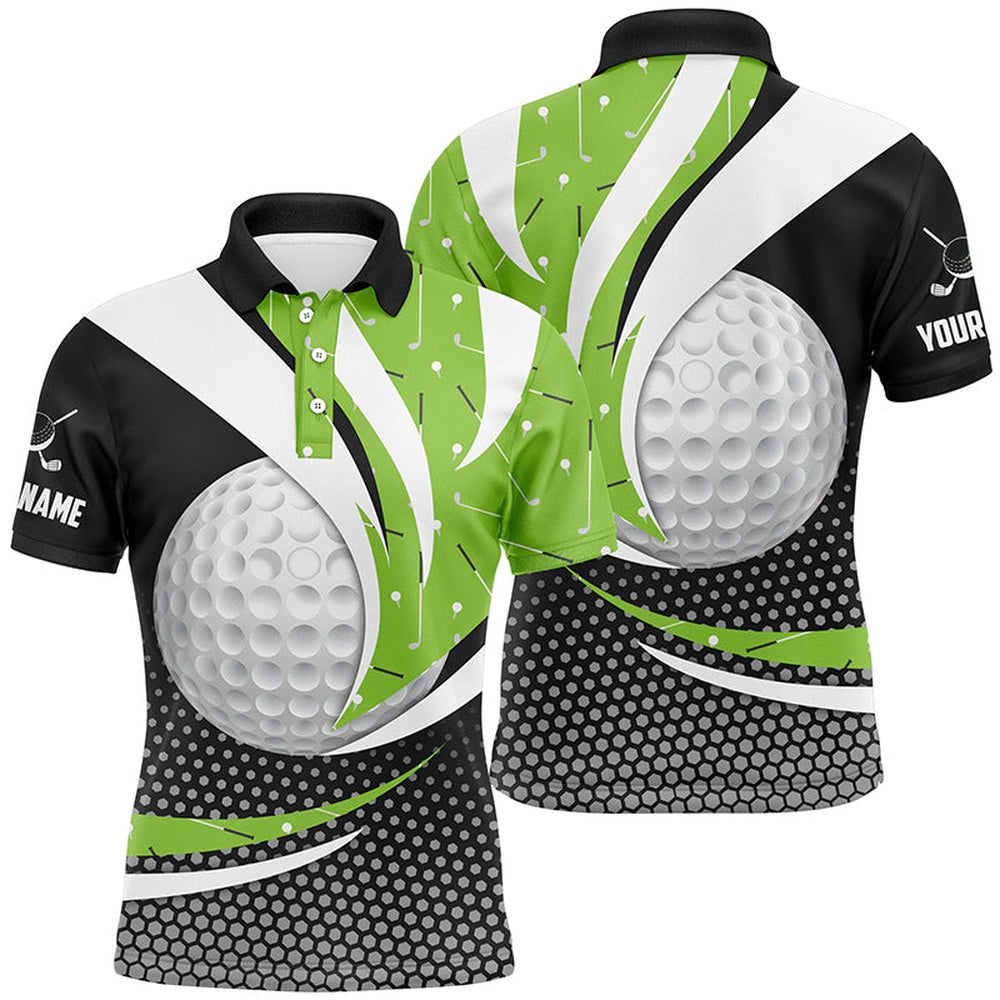 Golf Polo Shirts, Black Green Golf Pattern Mens Golf Polo Shirts Custom Golf Balls Golf Outfit For Men, Custom Golf Shirts