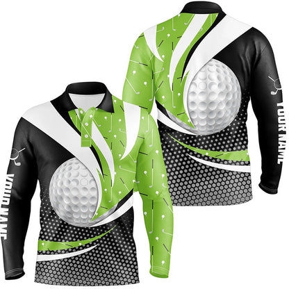 Golf Polo Shirts, Black Green Golf Pattern Mens Golf Polo Shirts Custom Golf Balls Golf Outfit For Men, Custom Golf Shirts