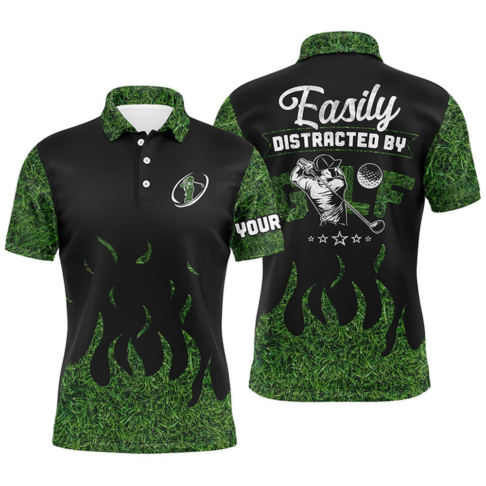 Golf Polo Shirts, Black Green Grass Mens Golf Polos Shirts Custom Easily Distracted By Golf, Funny Golf Shirts For Men, Custom Golf Shirts