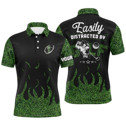 Golf Polo Shirts, Black Green Grass Mens Golf Polos Shirts Custom Easily Distracted By Golf, Funny Golf Shirts For Men, Custom Golf Shirts