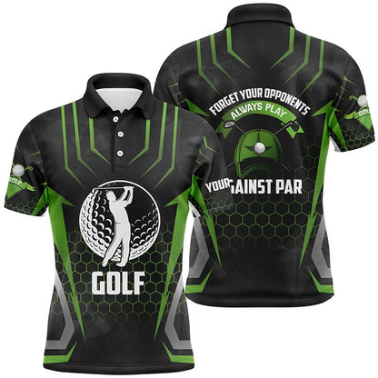 Golf Polo Shirts, Black Green Mens Golf Polo Shirt Custom Forget Your Opponents Always Play Against Par Mens Golf Shirt, Custom Golf Shirts
