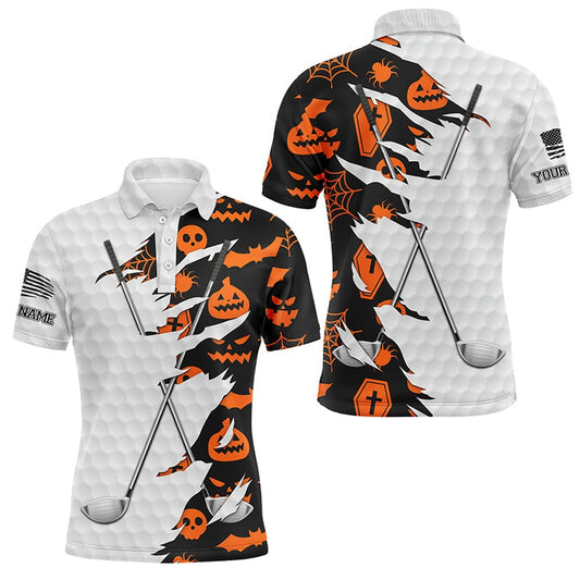 Golf Polo Shirts, Black Halloween Golf Pattern White Golf Ball Skin Men Golf Polo Shirts Custom Golf Clubs Outfit Men, Custom Golf Shirts