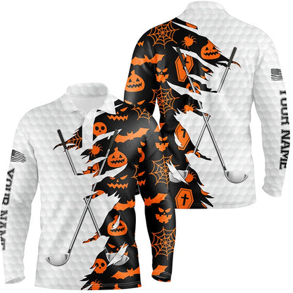 Golf Polo Shirts, Black Halloween Golf Pattern White Golf Ball Skin Men Golf Polo Shirts Custom Golf Clubs Outfit Men, Custom Golf Shirts