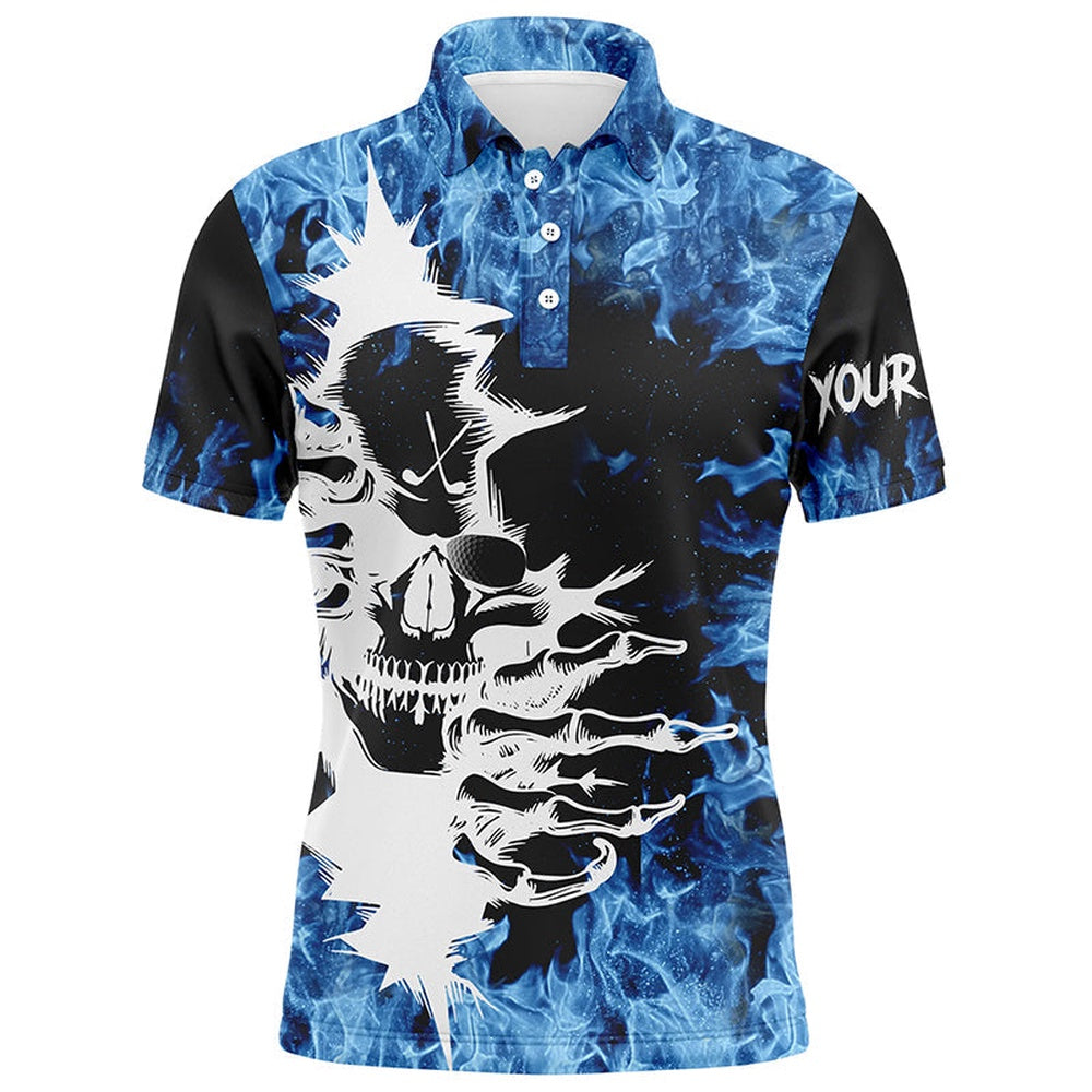 Golf Polo Shirts, Black Mens Golf Polo Shirt Custom Blue Fire Skull Golf Shirts, Custom Golf Shirts