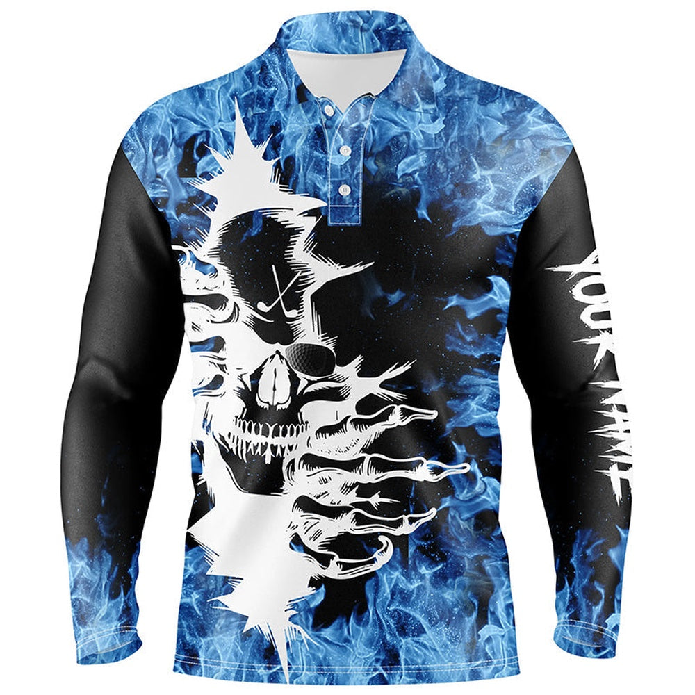 Golf Polo Shirts, Black Mens Golf Polo Shirt Custom Blue Fire Skull Golf Shirts, Custom Golf Shirts