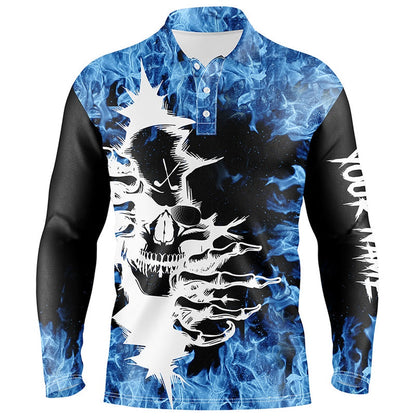 Golf Polo Shirts, Black Mens Golf Polo Shirt Custom Blue Fire Skull Golf Shirts, Custom Golf Shirts