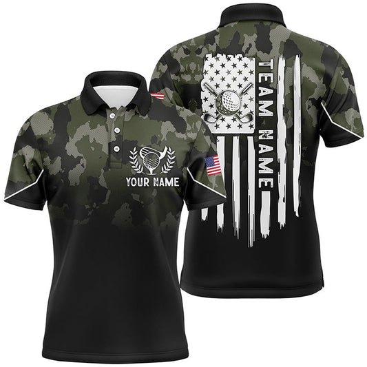 Golf Polo Shirts, Black Mens Golf Polo Shirt Custom Green Camouflage American Flag Golf Shirt For Mens, Custom Golf Shirts