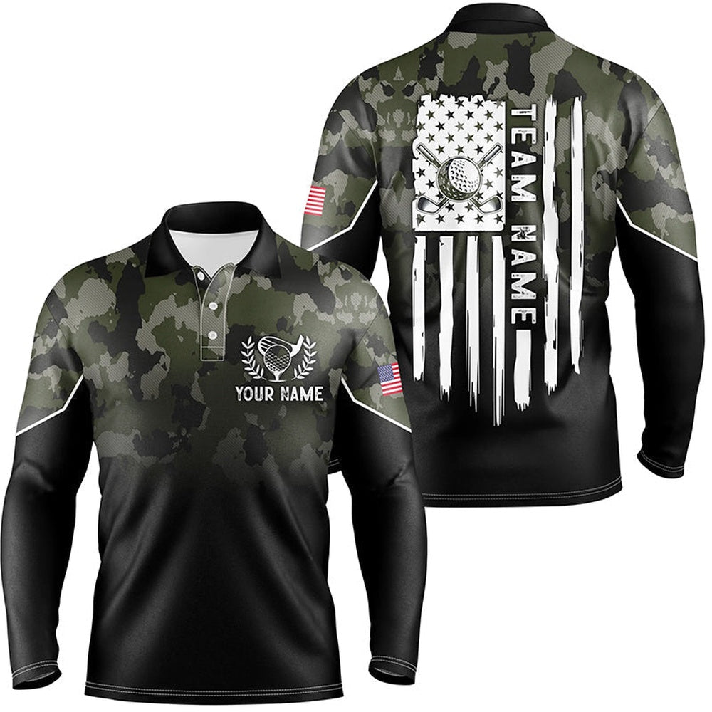 Golf Polo Shirts, Black Mens Golf Polo Shirt Custom Green Camouflage American Flag Golf Shirt For Mens, Custom Golf Shirts