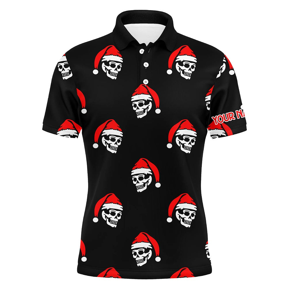 Golf Polo Shirts, Black Mens Golf Polo Shirt Custom Skull Santa Christmas Pattern Golf Shirt For Men, Custom Golf Shirts