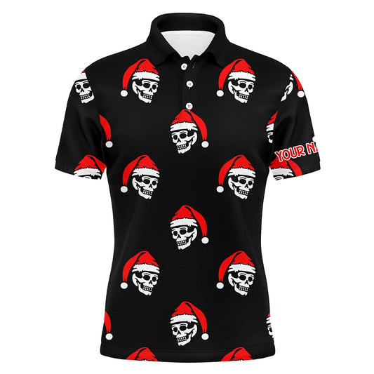 Golf Polo Shirts, Black Mens Golf Polo Shirt Custom Skull Santa Christmas Pattern Golf Shirt For Men, Custom Golf Shirts