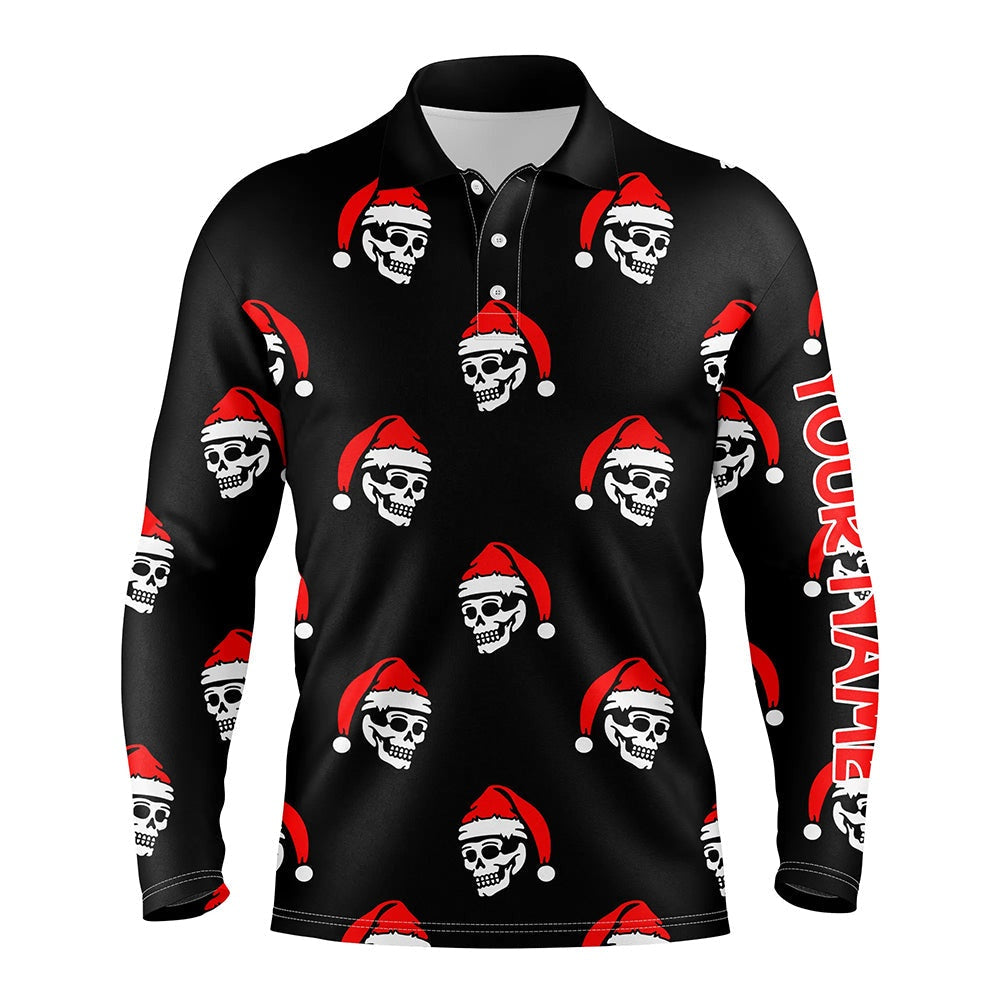 Golf Polo Shirts, Black Mens Golf Polo Shirt Custom Skull Santa Christmas Pattern Golf Shirt For Men, Custom Golf Shirts