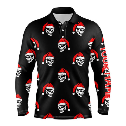 Golf Polo Shirts, Black Mens Golf Polo Shirt Custom Skull Santa Christmas Pattern Golf Shirt For Men, Custom Golf Shirts