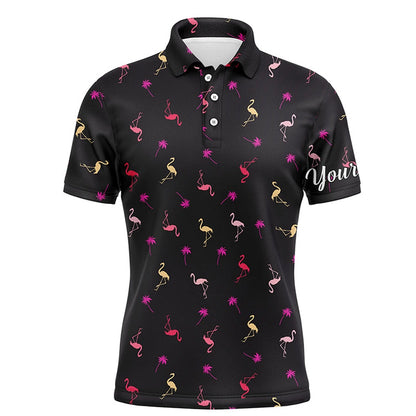 Golf Polo Shirts, Black Mens Golf Polo Shirt Neon Pink Flamingos Palm Pattern Custom Team Flamingo Golf Polo Shirts, Custom Golf Shirts