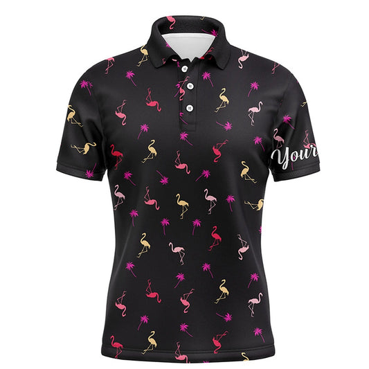 Golf Polo Shirts, Black Mens Golf Polo Shirt Neon Pink Flamingos Palm Pattern Custom Team Flamingo Golf Polo Shirts, Custom Golf Shirts