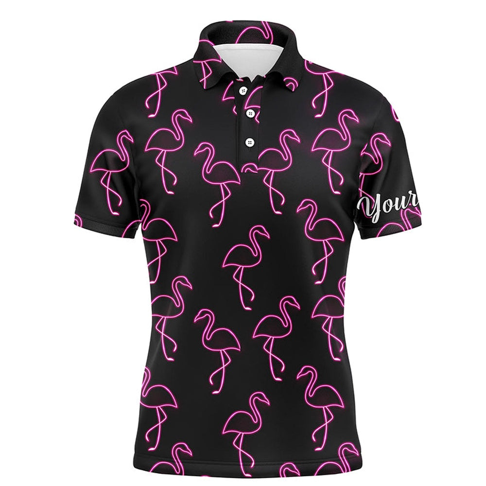 Golf Polo Shirts, Black Mens Golf Polo Shirt Neon Pink Flamingos Pattern Custom Name Team Flamingo Golf Polo Shirts, Custom Golf Shirts
