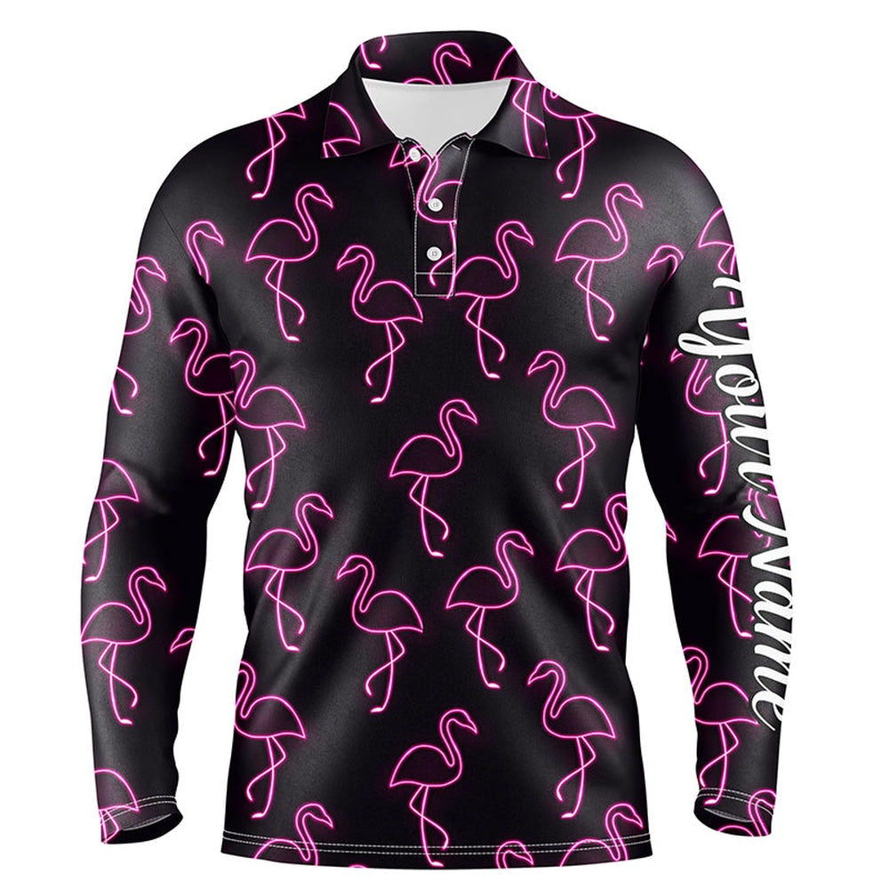 Golf Polo Shirts, Black Mens Golf Polo Shirt Neon Pink Flamingos Pattern Custom Name Team Flamingo Golf Polo Shirts, Custom Golf Shirts