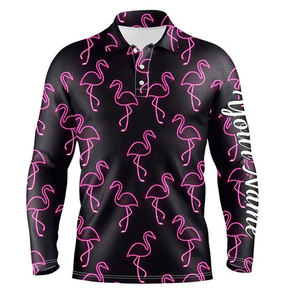 Golf Polo Shirts, Black Mens Golf Polo Shirt Neon Pink Flamingos Pattern Custom Name Team Flamingo Golf Polo Shirts, Custom Golf Shirts