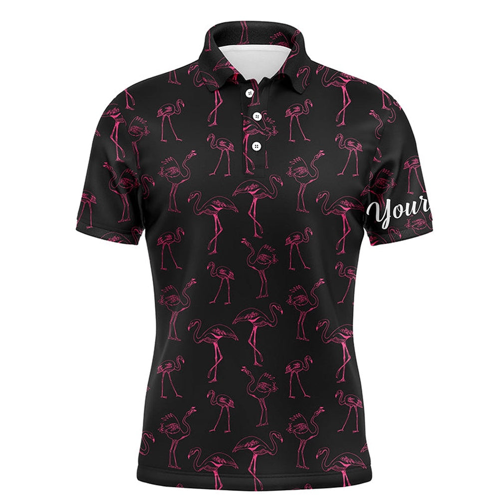 Golf Polo Shirts, Black Mens Golf Polo Shirt Neon Pink Flamingos Pattern Custom Team Flamingo Golf Shirts, Custom Golf Shirts