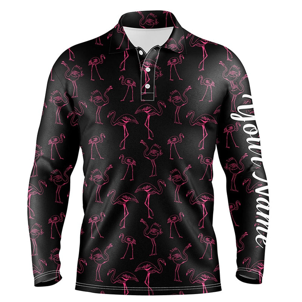 Golf Polo Shirts, Black Mens Golf Polo Shirt Neon Pink Flamingos Pattern Custom Team Flamingo Golf Shirts, Custom Golf Shirts