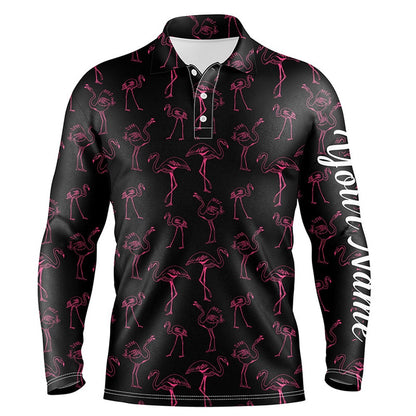 Golf Polo Shirts, Black Mens Golf Polo Shirt Neon Pink Flamingos Pattern Custom Team Flamingo Golf Shirts, Custom Golf Shirts