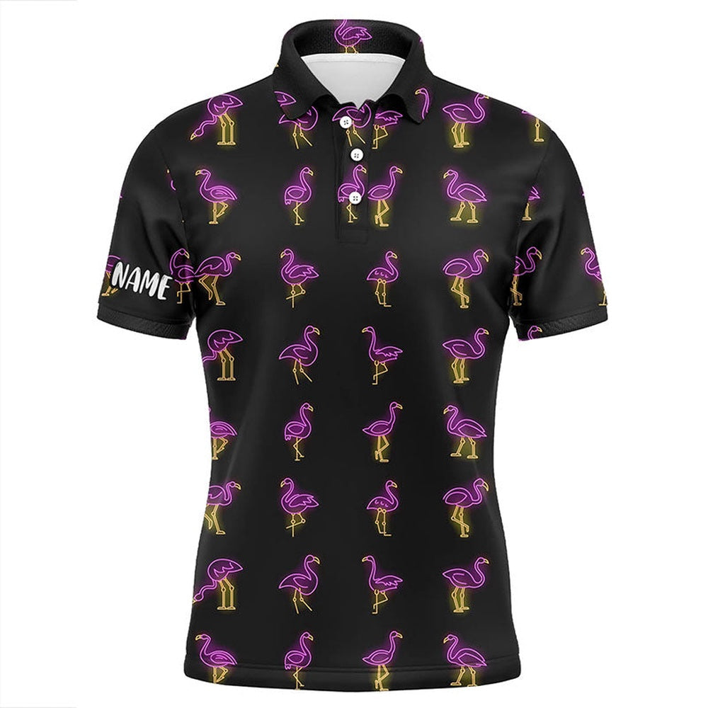 Golf Polo Shirts, Black Mens Golf Polo Shirt Pink Neon Flamingos Pattern Custom Flamingo Golf Polo Shirts For Team, Custom Golf Shirts