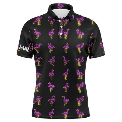 Golf Polo Shirts, Black Mens Golf Polo Shirt Pink Neon Flamingos Pattern Custom Flamingo Golf Polo Shirts For Team, Custom Golf Shirts