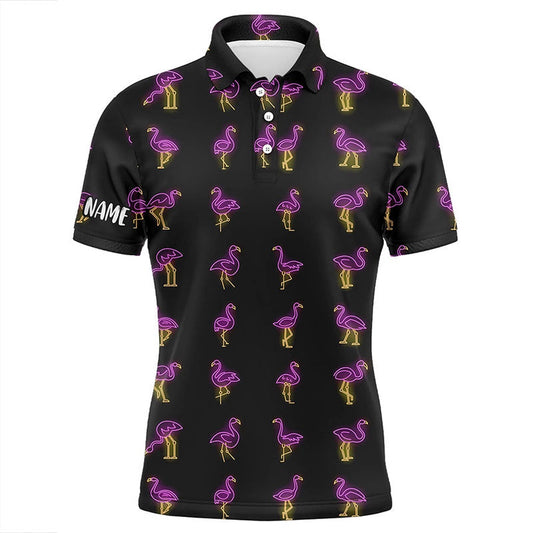 Golf Polo Shirts, Black Mens Golf Polo Shirt Pink Neon Flamingos Pattern Custom Flamingo Golf Polo Shirts For Team, Custom Golf Shirts