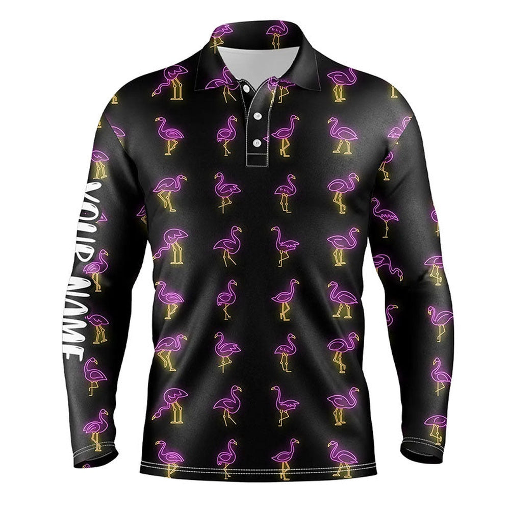 Golf Polo Shirts, Black Mens Golf Polo Shirt Pink Neon Flamingos Pattern Custom Flamingo Golf Polo Shirts For Team, Custom Golf Shirts