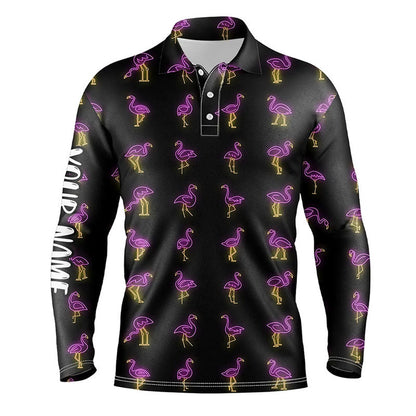 Golf Polo Shirts, Black Mens Golf Polo Shirt Pink Neon Flamingos Pattern Custom Flamingo Golf Polo Shirts For Team, Custom Golf Shirts