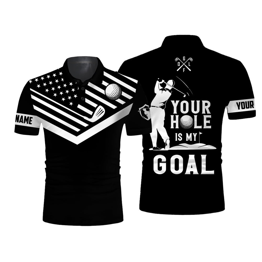 Golf Polo Shirts, Black Mens Golf Polo Shirt White American Flag Custom Name Your Hole Is My Goal Funny Golf Team Shirt, Custom Golf Shirts