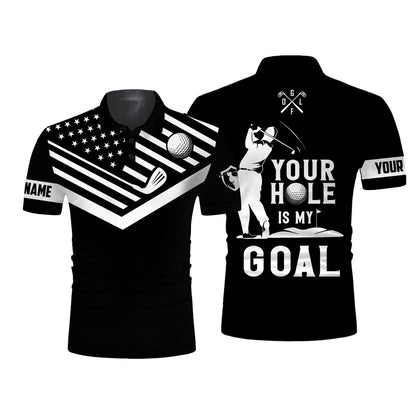 Golf Polo Shirts, Black Mens Golf Polo Shirt White American Flag Custom Name Your Hole Is My Goal Funny Golf Team Shirt, Custom Golf Shirts