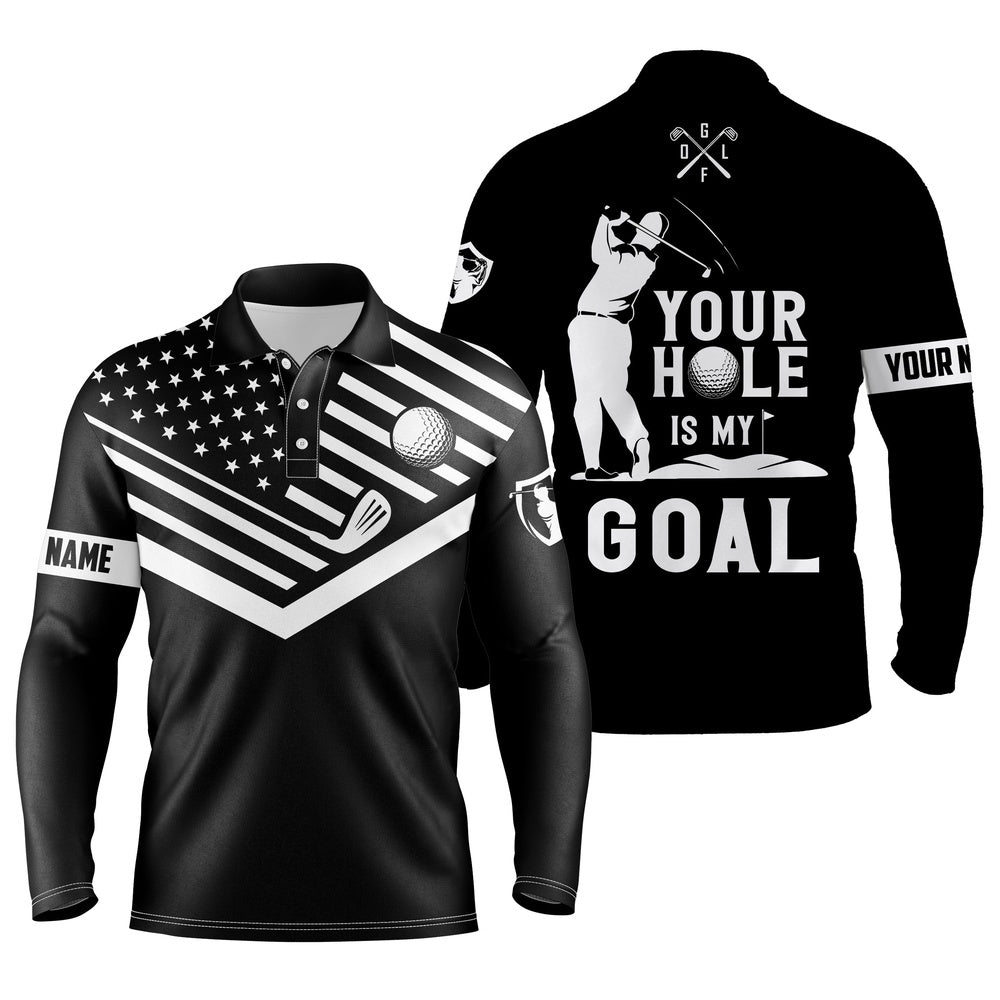 Golf Polo Shirts, Black Mens Golf Polo Shirt White American Flag Custom Name Your Hole Is My Goal Funny Golf Team Shirt, Custom Golf Shirts