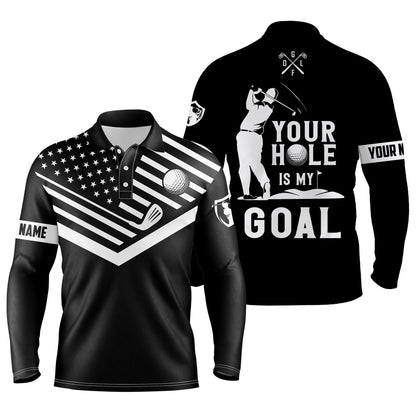 Golf Polo Shirts, Black Mens Golf Polo Shirt White American Flag Custom Name Your Hole Is My Goal Funny Golf Team Shirt, Custom Golf Shirts