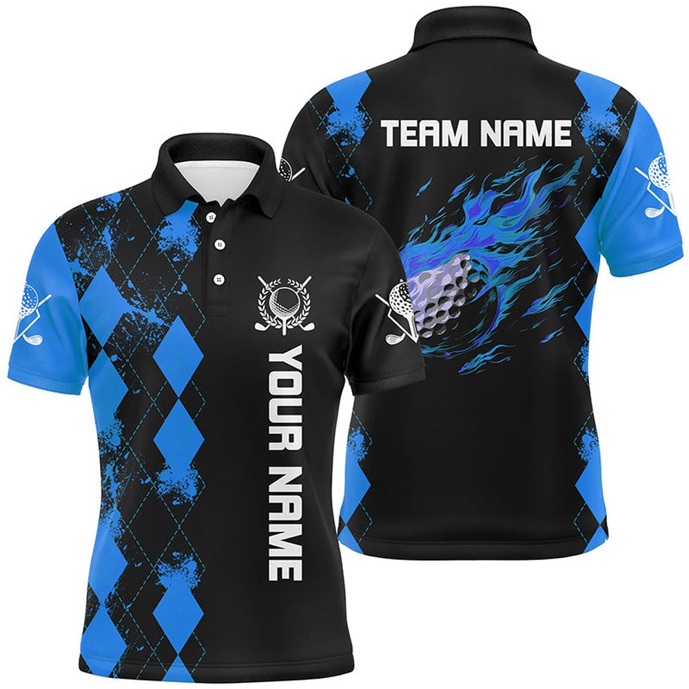 Golf Polo Shirts, Black Mens Golf Polo Shirts Custom Blue Argyle Pattern Flame Golf Ball Golf Tops For Mens, Custom Golf Shirts