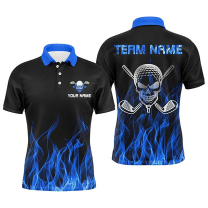 Golf Polo Shirts, Black Mens Golf Polo Shirts Custom Blue Flame Skull Golf Clubs For Men, Custom Golf Shirts